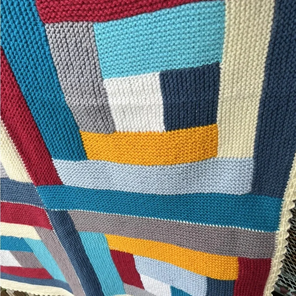 Log Cabin Stripe Afghan Throw Blanket 44” X 66” Knit Crochet Handmade Vintage